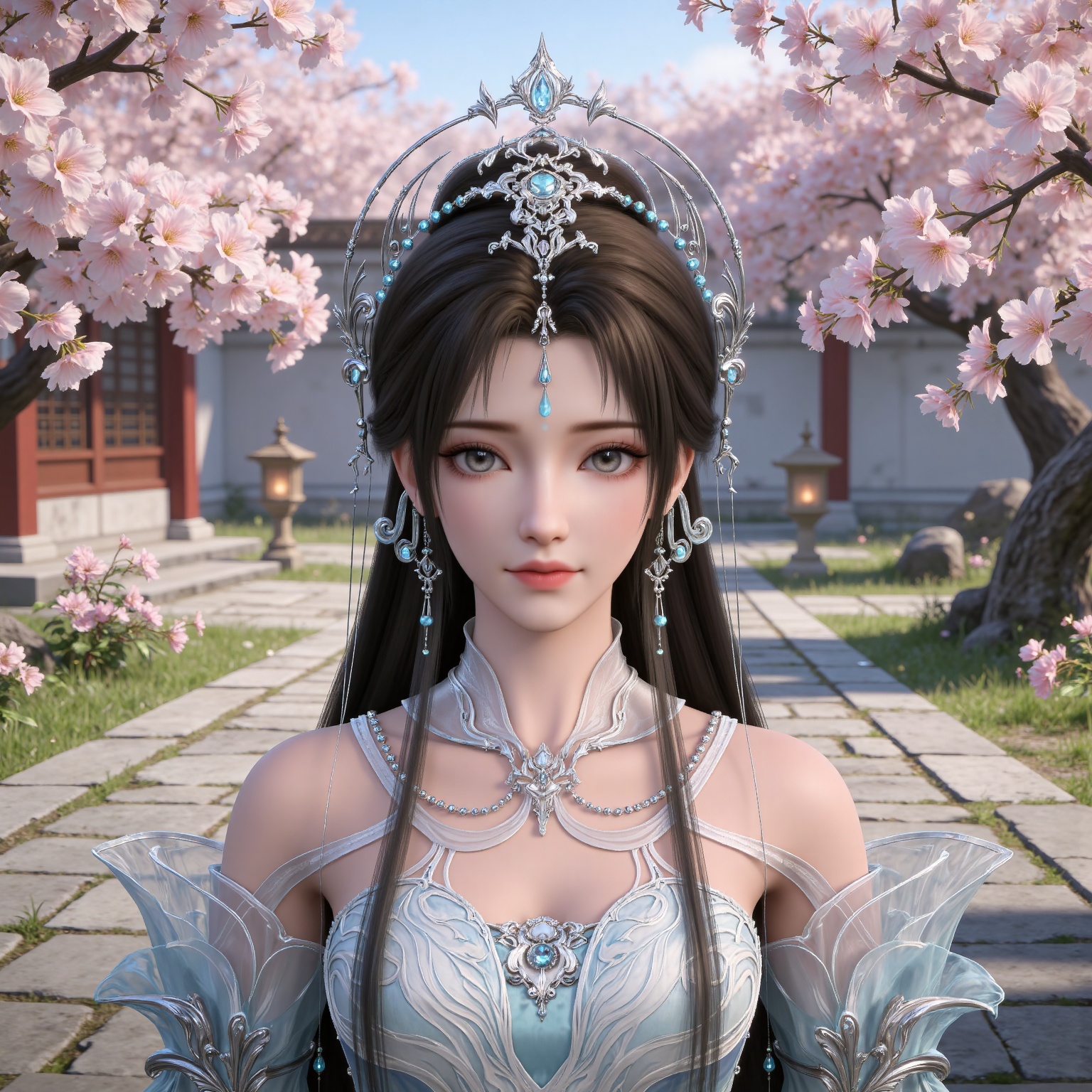masterpiece,high quality,tall,game cg,highres,(white_skin:0.6),(shiny_skin:0.6),(realistic:1.1),looking_at_viewer,lvjing,
black hair, long hair, grey eyes, forehead mark, forehead_jewel, hair_ornament, tiara, beads, earrings, necklace, qingyi white dress, detached_sleeves, long_sleeves, upper body,day,nature,flowers,