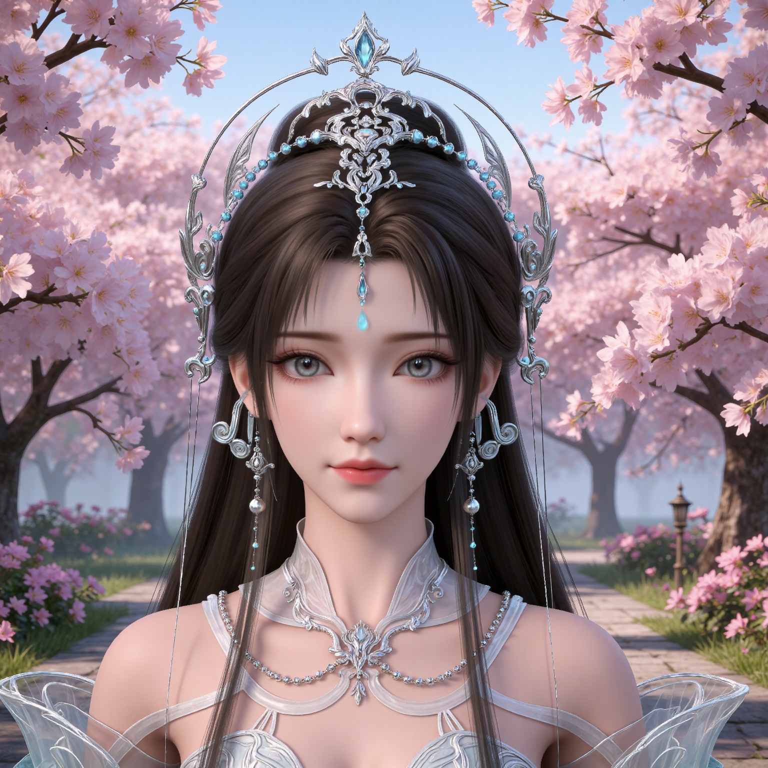 masterpiece,high quality,tall,game cg,highres,(white_skin:0.6),(shiny_skin:0.6),(realistic:1.1),looking_at_viewer,lvjing,
black hair, long hair, grey eyes, forehead mark, forehead_jewel, hair_ornament, tiara, beads, earrings, necklace, qingyi white dress, detached_sleeves, long_sleeves, upper body,day,nature,flowers,