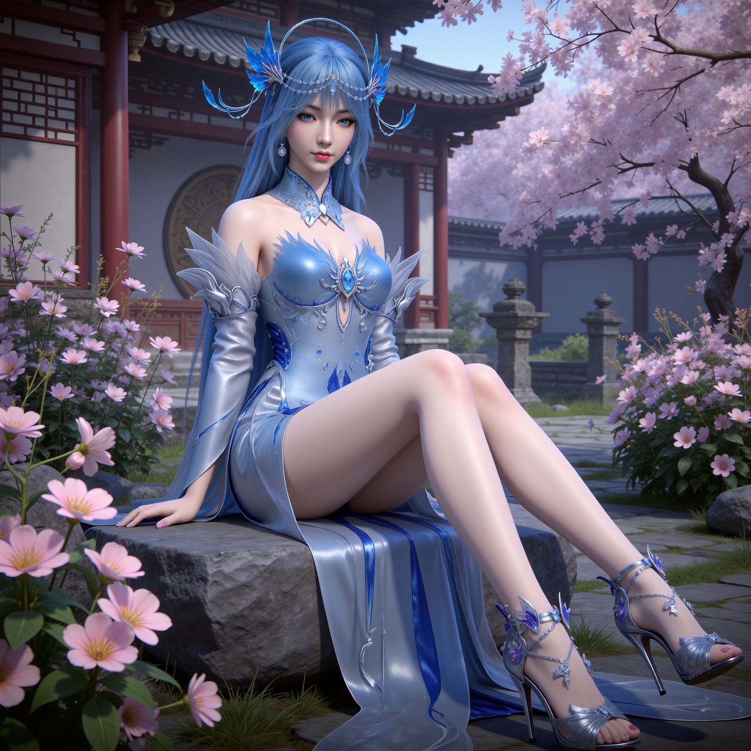 masterpiece,high quality,tall,game cg,highres,(white_skin:0.6),(shiny_skin:0.6),(realistic:1.1),looking_at_viewer,lvjing,
blue hair, long hair, blue eyes, lanxian blue dress, bare shoulders, detached_sleeves, hair_ornament, earrings, detached collar, jewelry, high_heels,,full body,sitting,sitting on stone,crossed legs,legs,long legs,nature,flowers,stone,