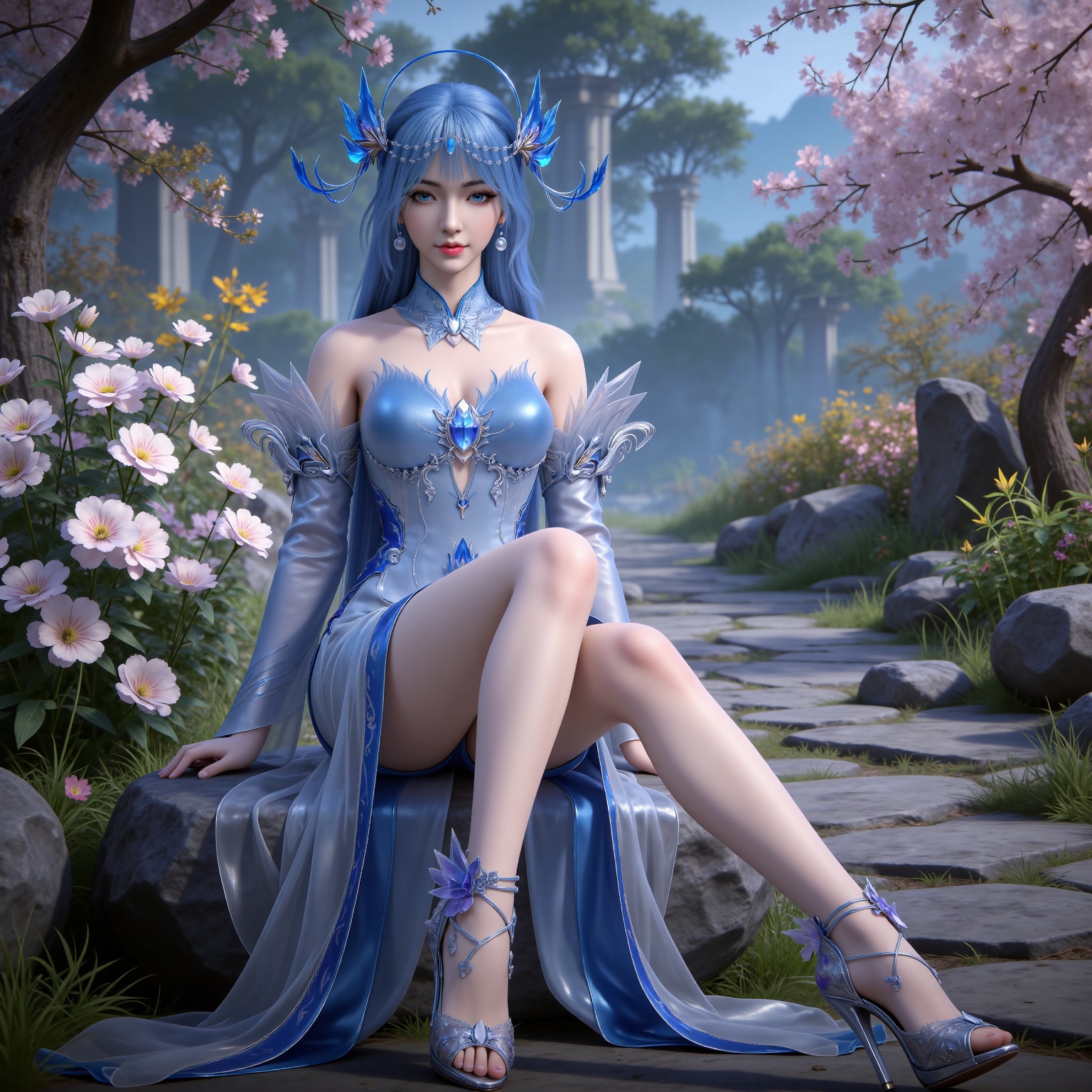 masterpiece,high quality,tall,game cg,highres,(white_skin:0.6),(shiny_skin:0.6),(realistic:1.1),looking_at_viewer,lvjing,
blue hair, long hair, blue eyes, lanxian blue dress, bare shoulders, detached_sleeves, hair_ornament, earrings, detached collar, jewelry, high_heels,,full body,sitting,sitting on stone,crossed legs,legs,long legs,nature,flowers,stone,