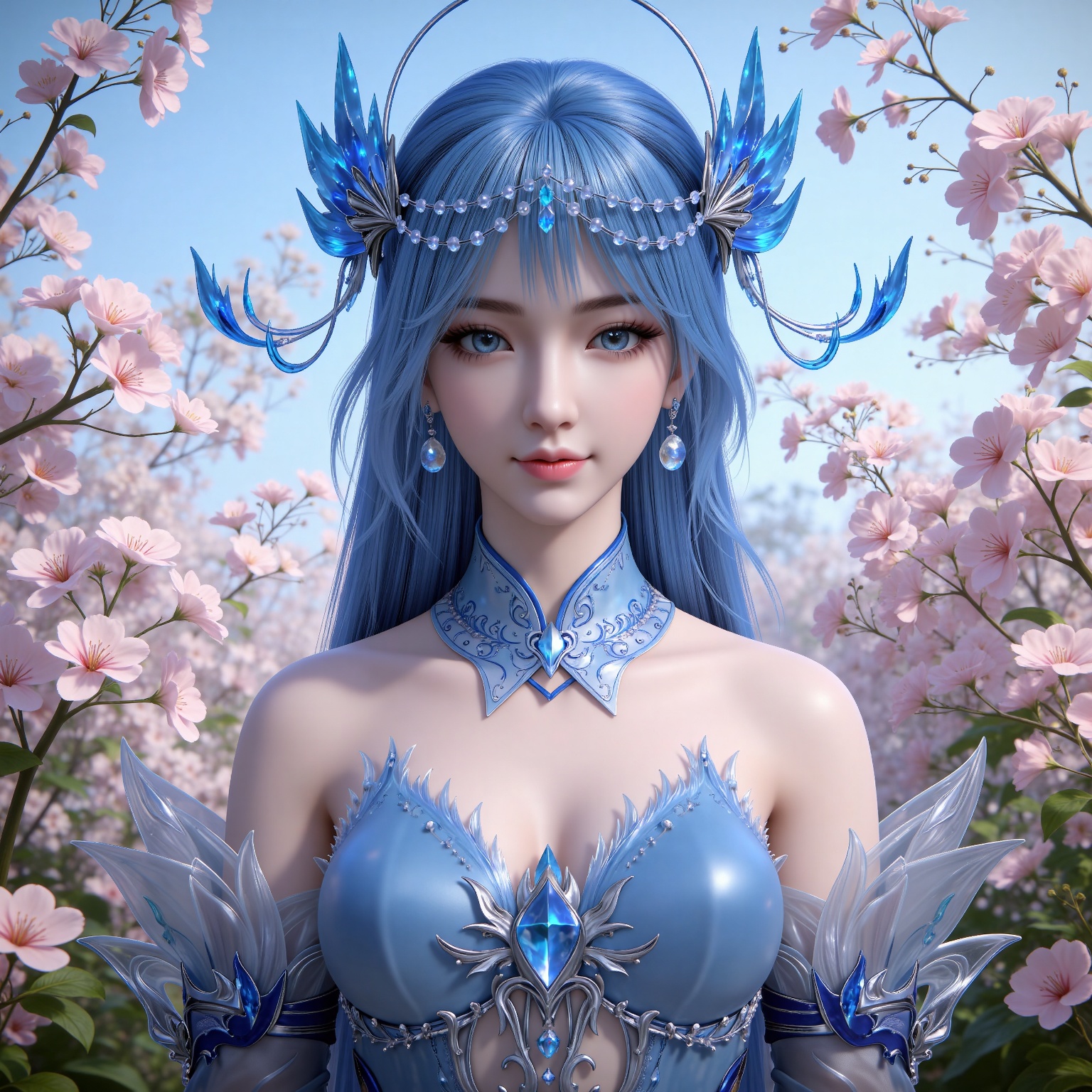 masterpiece,high quality,tall,game cg,highres,(white_skin:0.6),(shiny_skin:0.6),(realistic:1.1),looking_at_viewer,lvjing,
blue hair, long hair, blue eyes, lanxian blue dress, bare shoulders, detached_sleeves, hair_ornament, earrings, detached collar, jewelry, upper body,day,nature,flowers,smile,