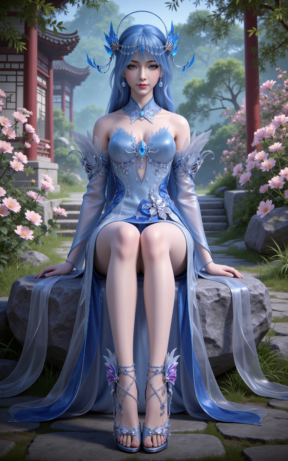masterpiece,high quality,tall,game cg,highres,(white_skin:0.6),(shiny_skin:0.6),(realistic:1.1),looking_at_viewer,lvjing,
blue hair, long hair, blue eyes, lanxian blue dress, bare shoulders, detached_sleeves, hair_ornament, earrings, detached collar, jewelry, high_heels,,full body,sitting,sitting on stone,crossed legs,legs,long legs,nature,flowers,stone,