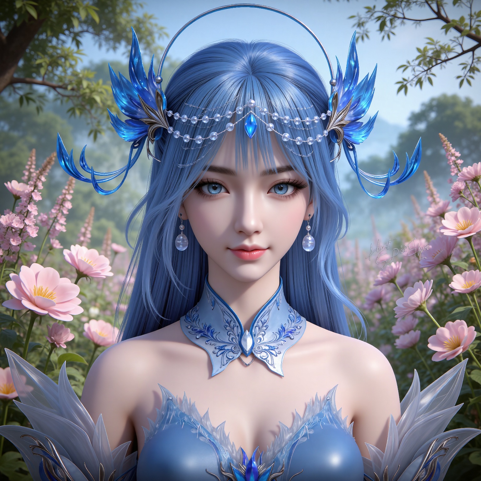 masterpiece,high quality,tall,game cg,highres,(white_skin:0.6),(shiny_skin:0.6),(realistic:1.1),looking_at_viewer,lvjing,
blue hair, long hair, blue eyes, lanxian blue dress, bare shoulders, detached_sleeves, hair_ornament, earrings, detached collar, jewelry, upper body,day,nature,flowers,smile,