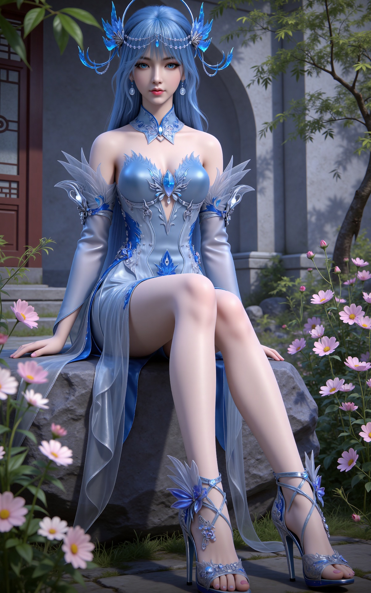 masterpiece,high quality,tall,game cg,highres,(white_skin:0.6),(shiny_skin:0.6),(realistic:1.1),looking_at_viewer,lvjing,
blue hair, long hair, blue eyes, lanxian blue dress, bare shoulders, detached_sleeves, hair_ornament, earrings, detached collar, jewelry, high_heels,,full body,sitting,sitting on stone,crossed legs,legs,long legs,nature,flowers,stone,