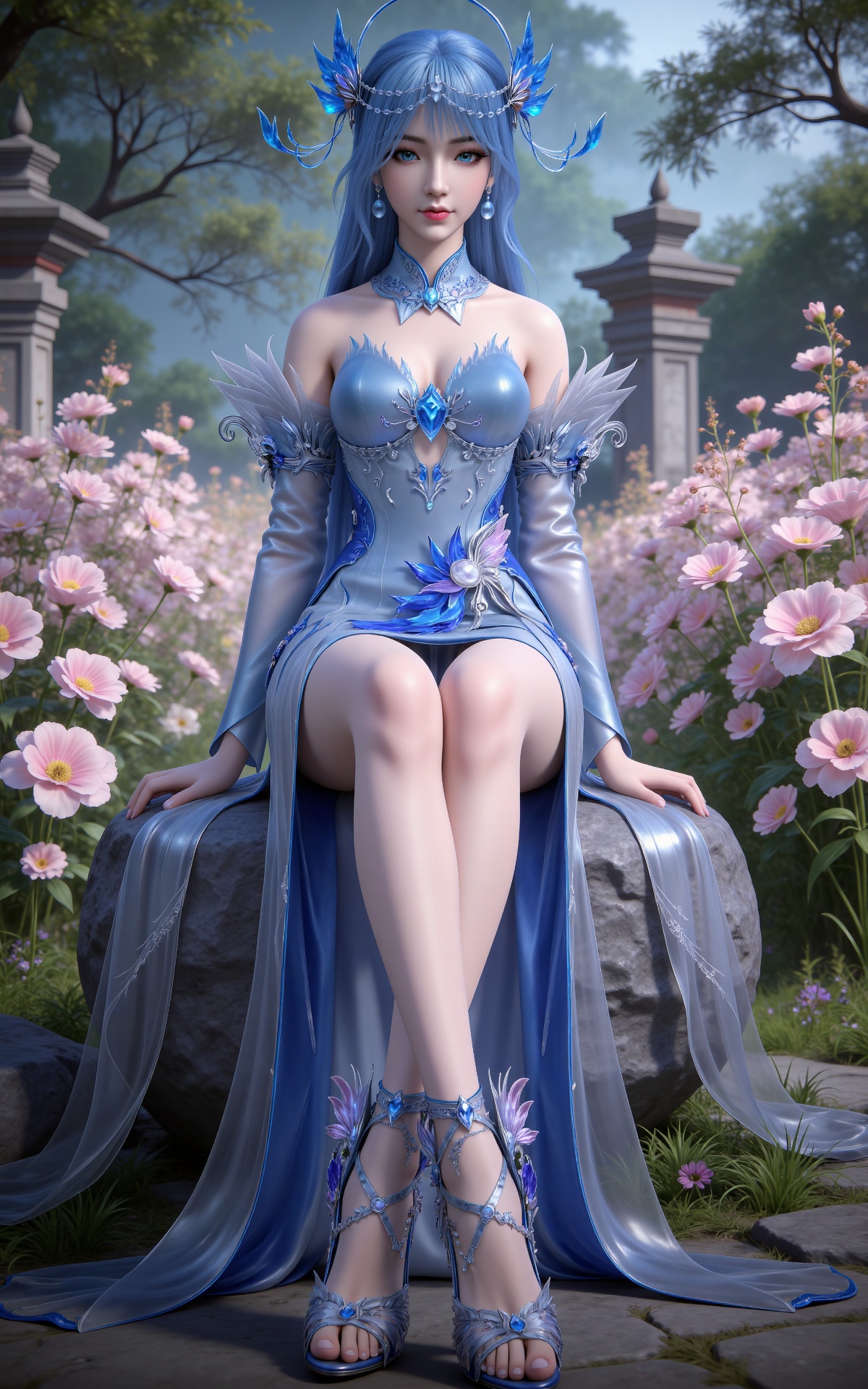 masterpiece,high quality,tall,game cg,highres,(white_skin:0.6),(shiny_skin:0.6),(realistic:1.1),looking_at_viewer,lvjing,
blue hair, long hair, blue eyes, lanxian blue dress, bare shoulders, detached_sleeves, hair_ornament, earrings, detached collar, jewelry, high_heels,,full body,sitting,sitting on stone,crossed legs,legs,long legs,nature,flowers,stone,