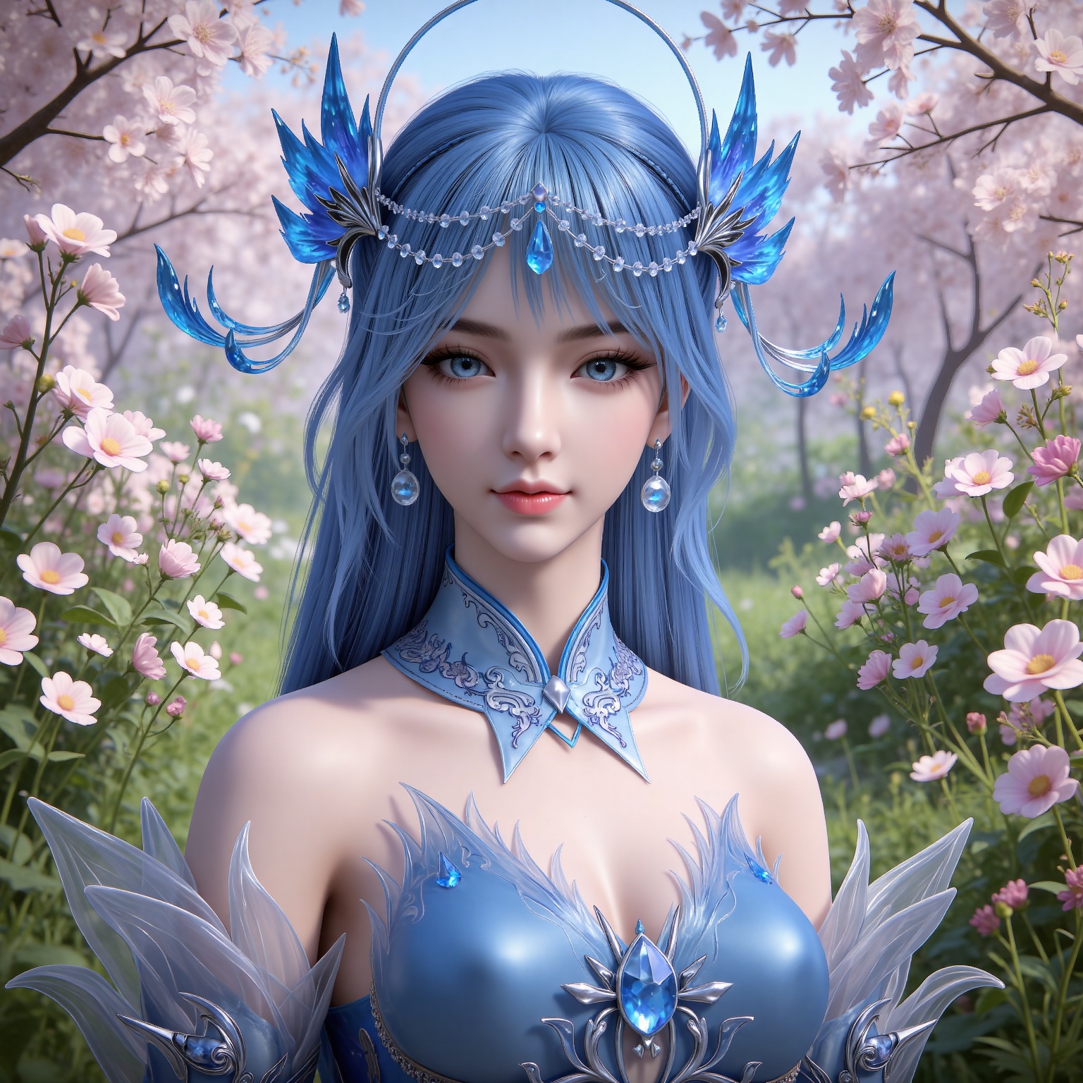 masterpiece,high quality,tall,game cg,highres,(white_skin:0.6),(shiny_skin:0.6),(realistic:1.1),looking_at_viewer,lvjing,
blue hair, long hair, blue eyes, lanxian blue dress, bare shoulders, detached_sleeves, hair_ornament, earrings, detached collar, jewelry, upper body,day,nature,flowers,smile,