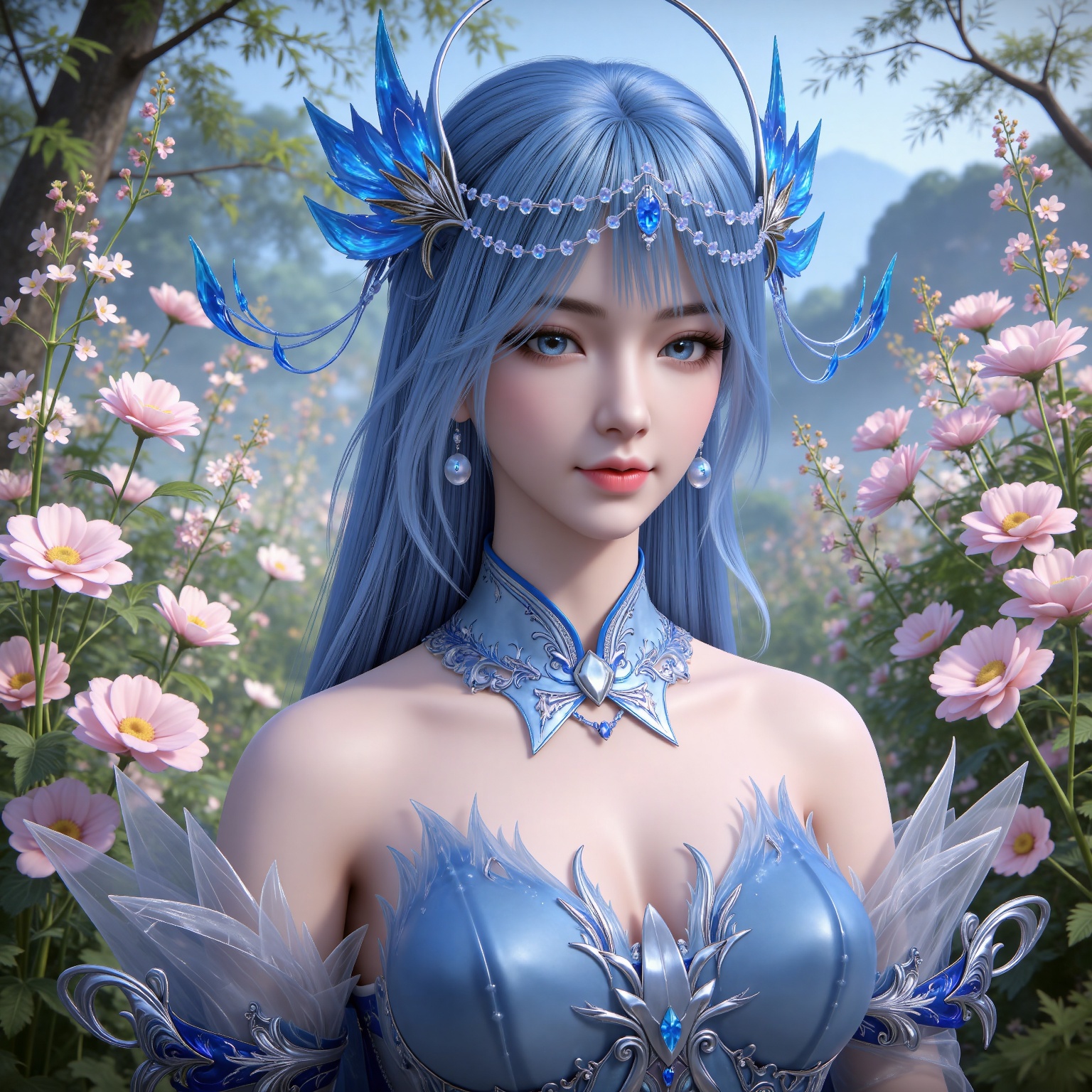 masterpiece,high quality,tall,game cg,highres,(white_skin:0.6),(shiny_skin:0.6),(realistic:1.1),looking_at_viewer,lvjing,
blue hair, long hair, blue eyes, lanxian blue dress, bare shoulders, detached_sleeves, hair_ornament, earrings, detached collar, jewelry, upper body,day,nature,flowers,smile,