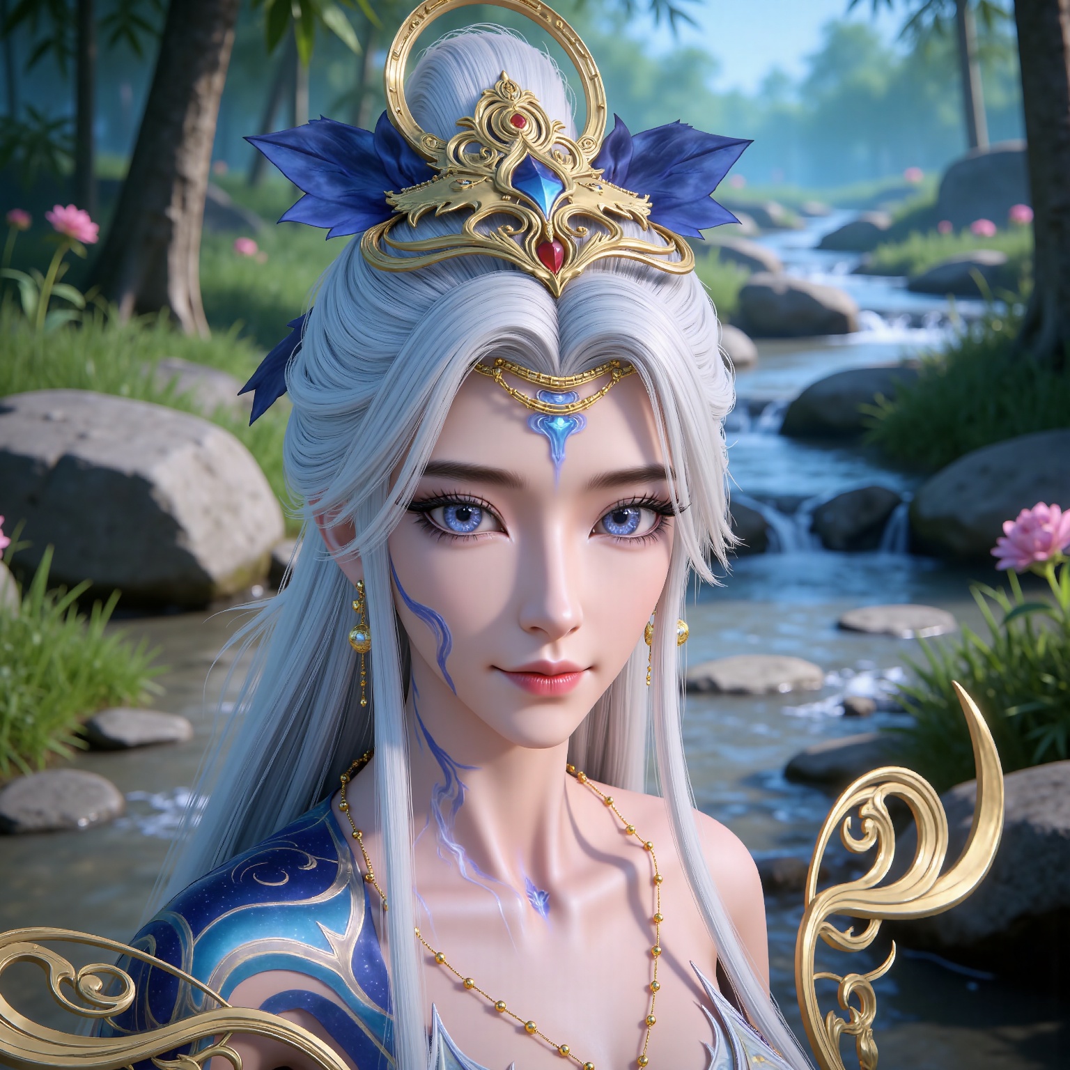 masterpiece,high quality,tall,game cg,highres,(white_skin:0.6),(shiny_skin:0.6),(realistic:1.1),looking_at_viewer,lvjing,
white hair, long hair, blue eyes, hair_bun, facial mark, forehead mark, bare shoulders, collarbonea, hair_ornament, arm tattoo, necklace, moxian white and blue dress, nature,stone,flowers,