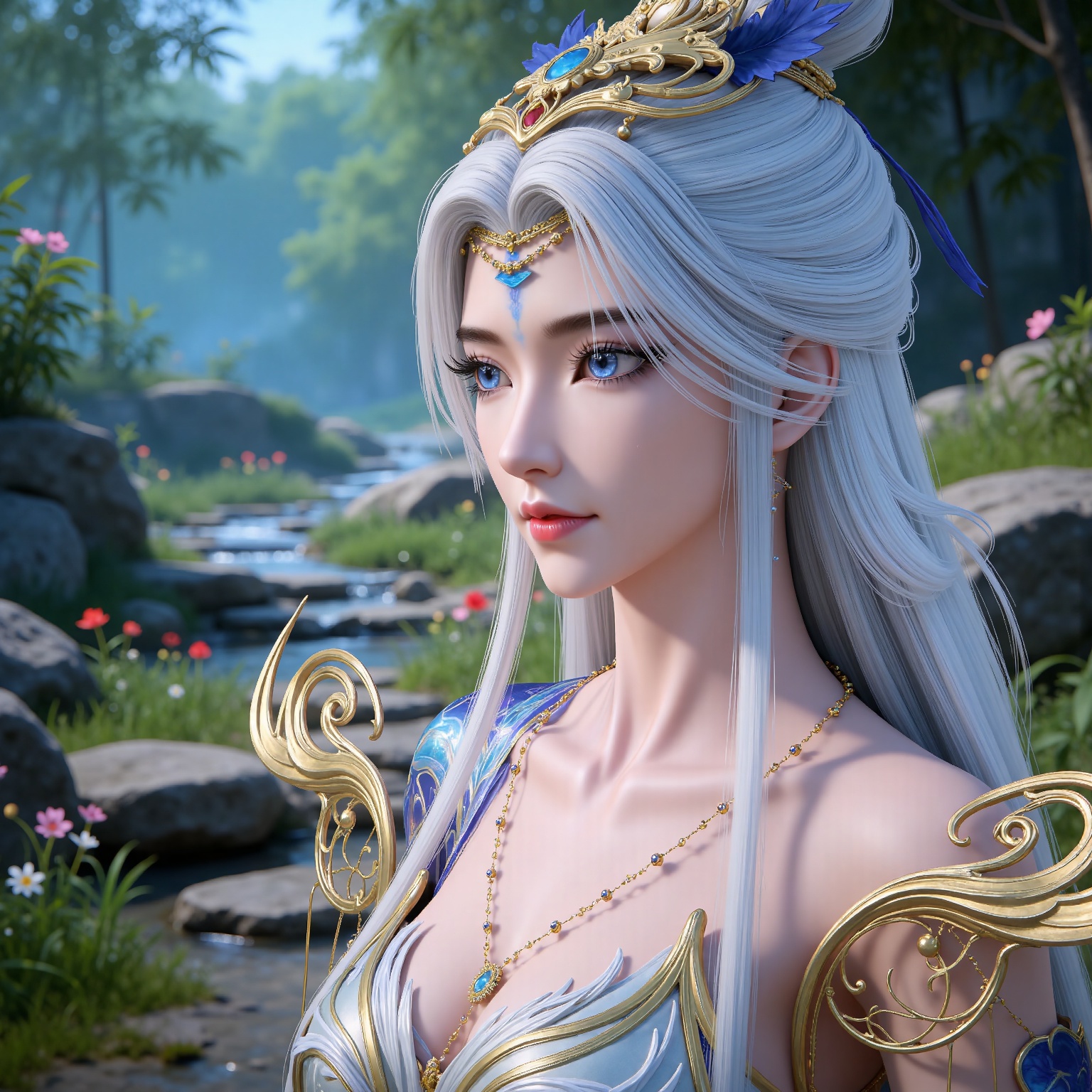 masterpiece,high quality,tall,game cg,highres,(white_skin:0.6),(shiny_skin:0.6),(realistic:1.1),looking_at_viewer,lvjing,
white hair, long hair, blue eyes, hair_bun, facial mark, forehead mark, bare shoulders, collarbonea, hair_ornament, arm tattoo, necklace, moxian white and blue dress, nature,stone,flowers,