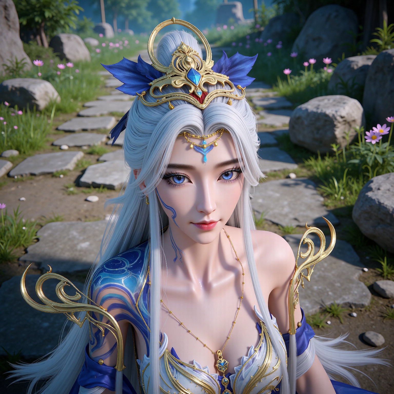 masterpiece,high quality,tall,game cg,highres,(white_skin:0.6),(shiny_skin:0.6),(realistic:1.1),looking_at_viewer,lvjing,
white hair, long hair, blue eyes, hair_bun, facial mark, forehead mark, bare shoulders, collarbonea, hair_ornament, arm tattoo, necklace, moxian white and blue dress, nature,stone,flowers,