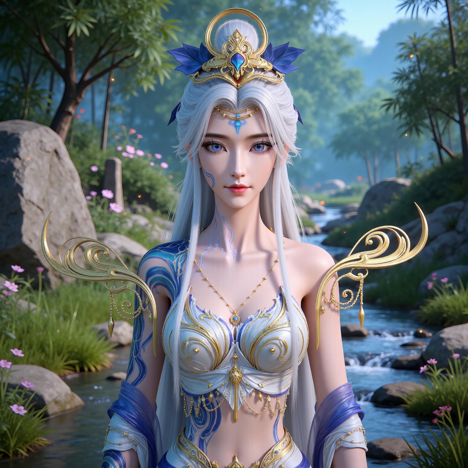 masterpiece,high quality,tall,game cg,highres,(white_skin:0.6),(shiny_skin:0.6),(realistic:1.1),looking_at_viewer,lvjing,
white hair, long hair, blue eyes, hair_bun, facial mark, forehead mark, bare shoulders, collarbonea, hair_ornament, arm tattoo, necklace, moxian white and blue dress, nature,stone,flowers,