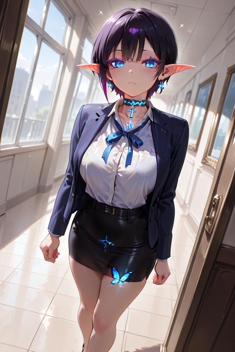 (Chest tent,  beautifully shaped shirt with volume) One girl,  office lady in patent pencil skirt on Tensor.Art