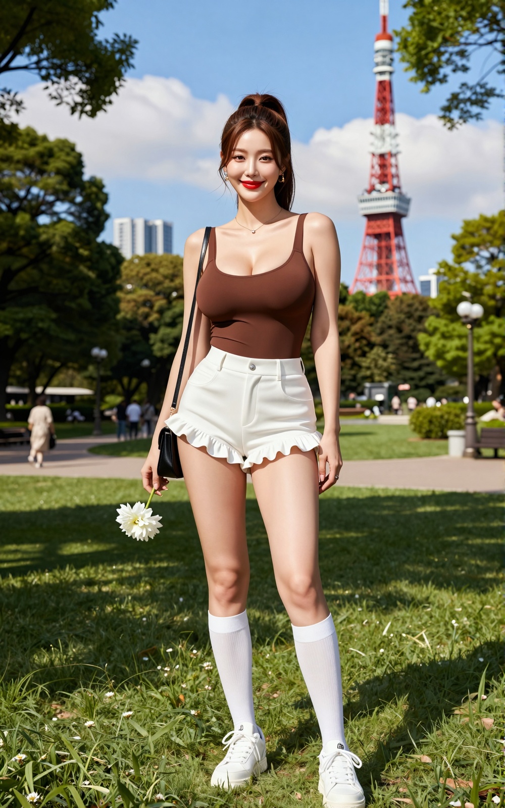 Image of a Korean woman: A beautiful Korean woman boasting voluptuous I-cup breasts,  alluring hips,  and firm thighs. Sta...