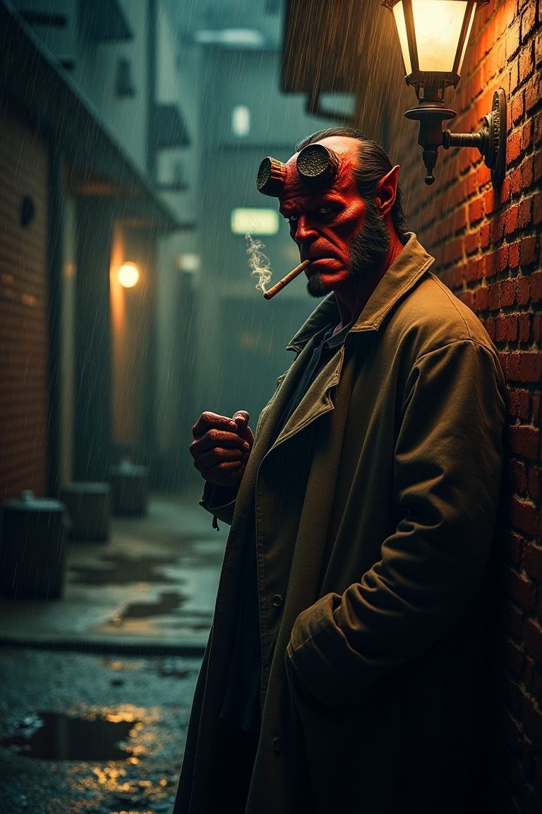 A brooding red demon investigator with worn-down horns and a heavy trench coat stands under a flickering streetlamp in a r...