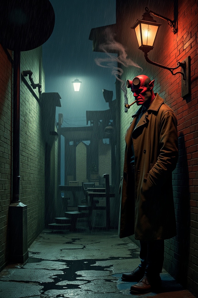 A brooding red demon investigator with worn-down horns and a heavy trench coat stands under a flickering streetlamp in a r...