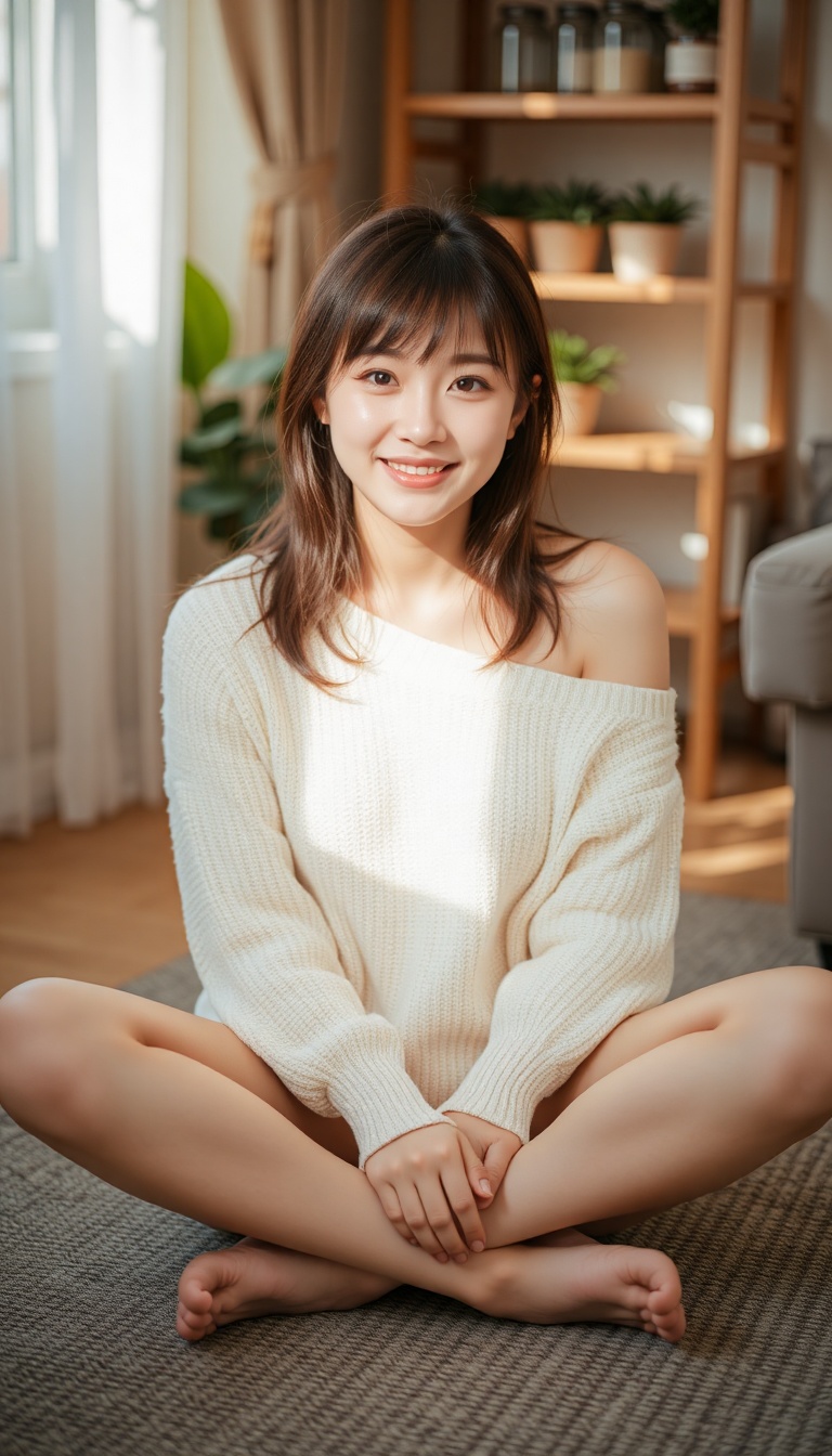A young East Asian woman sits cross-legged on a textured gray rug,  smiling gently at the camera. She wears an off-white k...