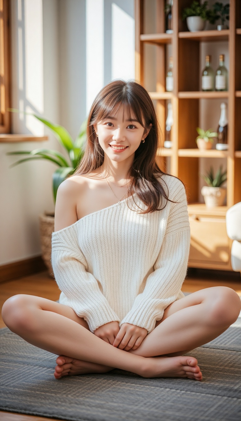 A young East Asian woman sits cross-legged on a textured gray rug,  smiling gently at the camera. She wears an off-white k...