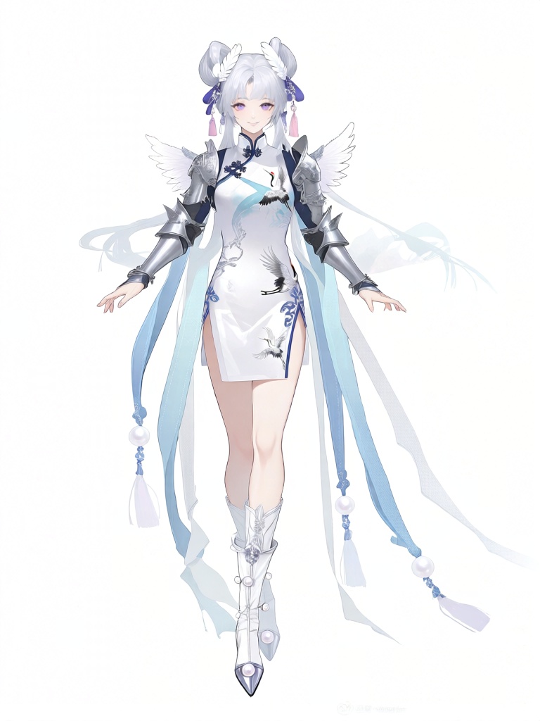 JSLH, A ethereal anime girl with silvery-white hair styled in traditional double buns (adorned with white feather ornaments and pale pink tassels) and soft lavender eyes wears a celestial Chinese-inspired fantasy outfit: a form-fitting white cheongsam-style top with silver crane embroidery and light blue accents, paired with delicate white feathered wing accessories attached to silver shoulder armor, flowing pale blue sashes with white tassels, and white-and-silver high-heeled boots decorated with pearl orbs. She stands in a serene stance with a calm smile, her expression gentle and otherworldly, evoking a heavenly Chinese fantasy setting with clean linework, soft watercolor-like shading, and a delicate harmonious white-silver-blue-pink color palette, full-body character standing pose, soft misty white background, game CG illustration style.
