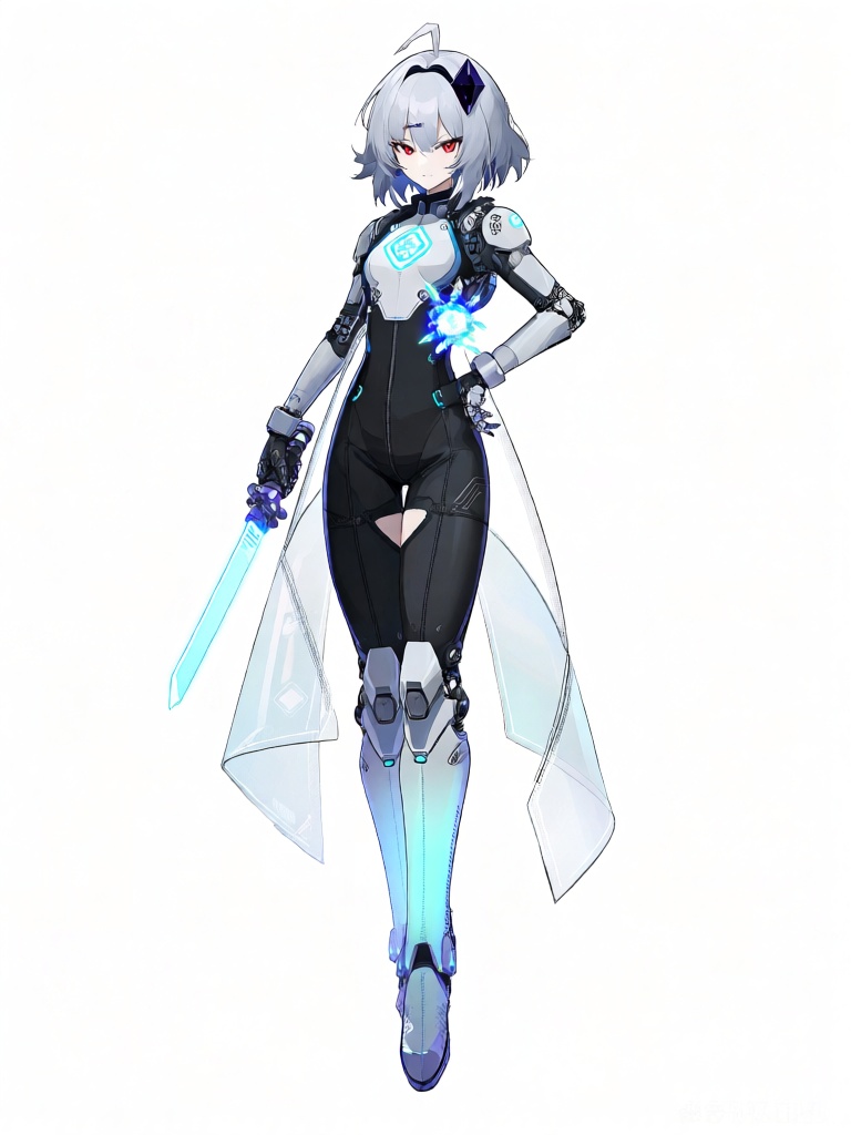 JSLH, A cool anime girl with short silver hair and sharp crimson eyes wears a modern futuristic combat outfit: a slim black bodysuit with neon blue accents, a translucent armored overskirt, and glowing cybernetic leg guards. She holds a plasma sword in one hand while resting the other on her hip, her expression calm and confident. A geometric hair clip with a dark crystal decorates her bangs, paired with a floating energy charm on her waist. Her pose is dynamic and decisive, presenting a high-tech sci-fi world with clean line art, soft cel shading, and a sharp, futuristic color scheme.
