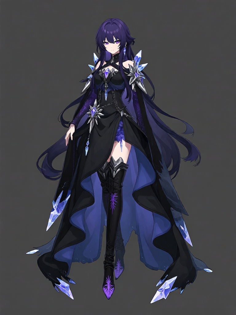 JSLH, A cool anime girl with long dark purple hair and deep violet eyes wears a dark fantasy frost-themed dress: a black and dark blue layered gown with ice crystal decorations, silver dark-style shoulder ornaments, and black high boots with purple frost patterns. She stands calmly with one hand resting by her side, a quiet and mysterious expression. Her pose is poised and distant, evoking a dark frozen fantasy world with clean linework, soft shading, and a mysterious harmonious black-purple-blue color palette, full-body standing pose, game CG character illustration style.