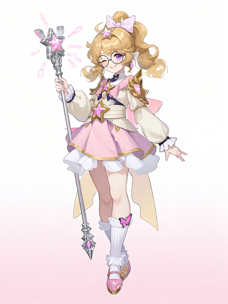 JSLH, A sweet chibi anime girl with soft honey-blonde curly hair styled in a high ponytail (adorned with a pale pink bow and star-shaped crystal) and sparkling lavender eyes behind round glasses wears a delicate magical girl outfit: a cream blouse with soft pink and gold decorative shoulder pieces, a flared pastel pink skirt with white ruffled hems and gold trim, a wide cream belt with a star crystal buckle, and frilled knee-high socks (one with pink butterfly details and light armor, one frilled ankle sock) paired with pink-and-gold shoes. She holds an ornate silver staff with a star-shaped pink crystal in one hand, smiling gently while winking, soft pink spark effects radiating from the staff. Her pose is gentle and charming, evoking a dreamy fantasy magical setting with clean chibi linework, soft pastel shading, and a warm harmonious pink-white-gold color palette, full-body character standing pose, soft gradient white-and-pink background, game CG illustration style.

