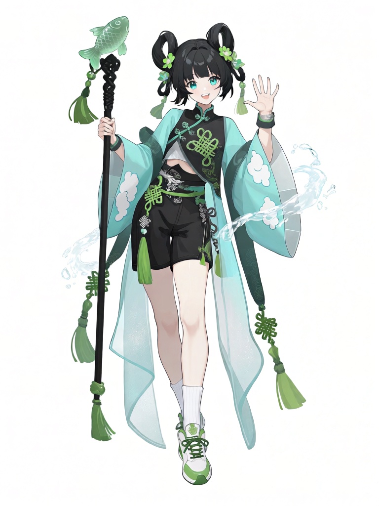 JSLH, A lively anime girl with short black hair styled in double buns (adorned with small green floral accessories) and bright teal eyes wears a Chinese knot-inspired fantasy outfit: a cropped light cyan robe with wide sleeves and white cloud patterns, layered over a black cropped top with intricate green Chinese knot embroidery, paired with black high-waisted shorts and a sheer light cyan overskirt decorated with green tassels. She wears white mid-calf socks and green-and-white sneakers with matching Chinese knot details. She holds a tall black staff topped with a carved jade fish ornament and flowing green tassels, with wispy white water-like effects swirling around the staff, and waves gently with one hand. Her pose is energetic and playful, evoking a whimsical traditional Chinese fantasy setting with clean linework, soft cel shading, and a fresh harmonious cyan-green-black color palette, full-body character standing pose, clean white background, game CG illustration style.
