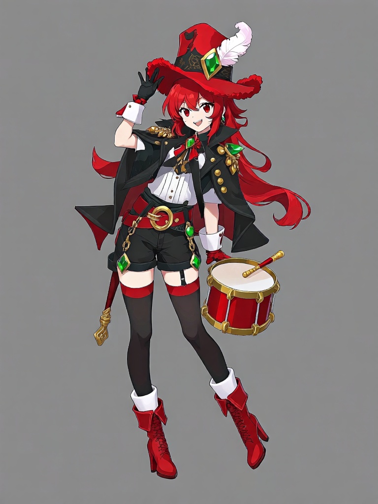 JSLH, A happy anime girl with bright red long hair and bright deep red eyes, dressed in carefully designed stage performance costumes: a high red hat decorated with fluffy white feathers and green gemstones, a black short cape jacket with gold buttons and decorative shoulder decorations, paired with a white pleated shirt, a black shorts with gold buckle straps and green gemstone details, a pair of black stockings with red and white cuffs, and red high-heeled boots. She raised one gloved hand in front of the hat and placed the other, with a playful and confident smile on her face. Beside her was a small red and gold drum, with a golden drumstick at her waist. Her posture is full of vitality and energy, evoking a whimsical fantasy parade performance scene, with simple line art, soft Celtic shadows, bold and harmonious red, black, and gold color palettes, character standing posture, pure gray background, and game CG style.
