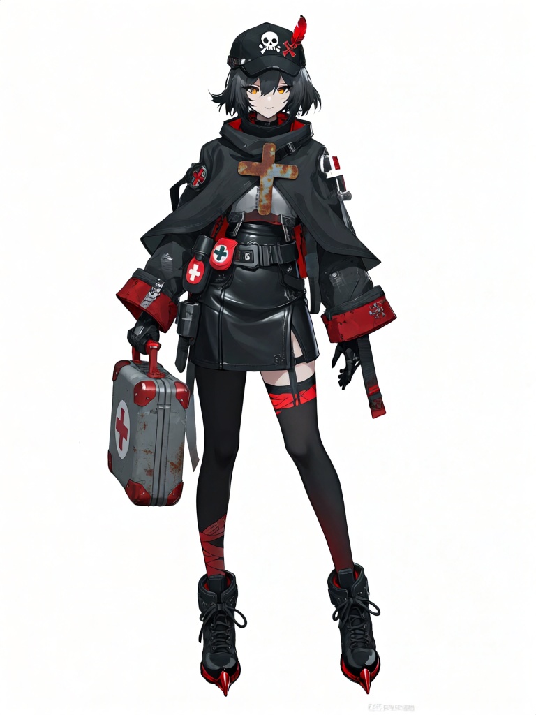JSLH, A stoic anime girl with short ashen black hair and vivid amber eyes wears a dark futuristic medic outfit: a black oversized capelet with blood-red trimmed cuffs and a rusted cross emblem, layered over a high-waisted black leather mini skirt and a utility belt with medical pouches. She wears a black tactical cap with a red feather and skull cross emblem, black thigh-high stockings with red bandage markings, and black combat boots with red metal toes. She holds a rugged grey-and-red medical case in one hand, her expression cool and aloof with a faint smirk. Her pose is sharp and authoritative, evoking a dystopian battlefield medbay setting with clean linework, textured gritty shading, and a stark harmonious black-red-grey color palette, full-body character standing pose, dark reflective black background, game CG illustration style.







推荐一些反推模型反推提示词对图像生成有哪些影响？
除了反推提示词,还有哪些方法可以生成变体？
