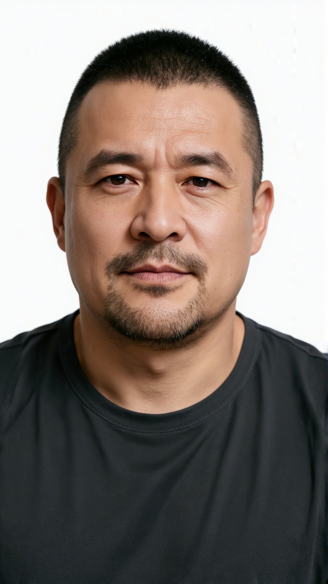 立军,一位中年男子的正面像,整洁的黑色短平头,额头和眼睛周围的自然细纹,修剪整齐的胡须（胡子+下巴胡茬）,自然的肤色,清晰立体的面部轮廓,平静稳定的眼睛,直视镜头,嘴唇上酷酷的表情。穿着灰黑色修身衬衣,身材为脂包肌身材,纯白色背景,均匀柔和的光线,画面展现出高清逼真的质感,准确还原了照片中的自然皮肤纹理、毛孔和头发细节。