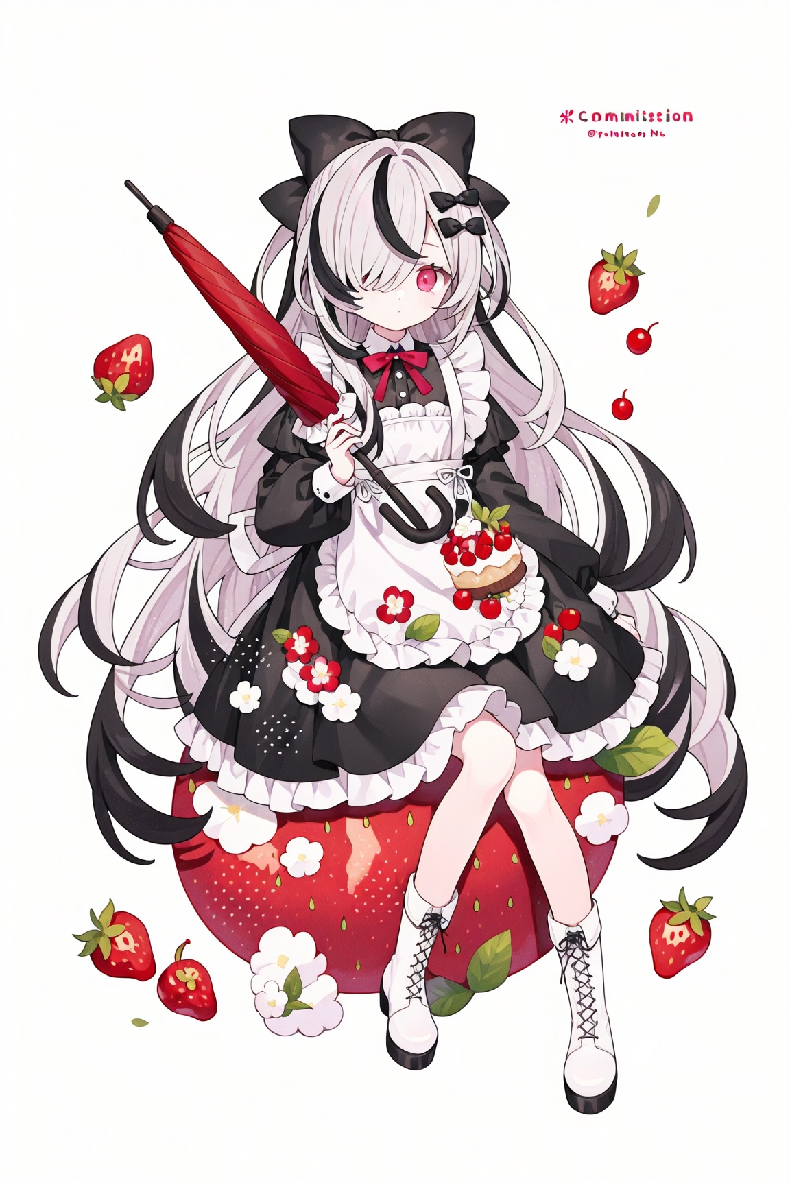 1girl, solo, long hair, looking at viewer, bangs, simple background, black hair, hair ornament, red eyes, long sleeves, white background, dress, bow, holding, sitting, very long hair, closed mouth, full body, white hair, hair bow, grey hair, multicolored hair, boots, food, pink eyes, hair over one eye, apron, black dress, streaked hair, black bow, fruit, umbrella, white footwear, holding umbrella, strawberry
