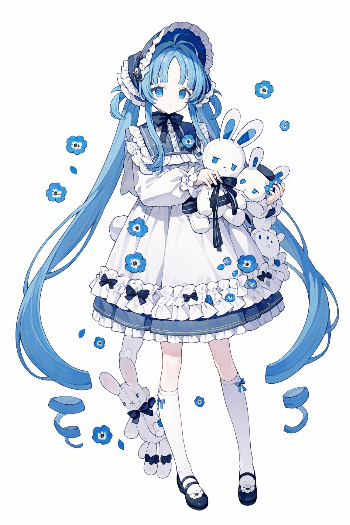 1girl, solo, long hair, looking at viewer, bangs, blue eyes, simple background, long sleeves, hat, white background, dress, bow, holding, twintails, very long hair, blue hair, full body, flower, shoes, socks, kneehighs, stuffed toy, stuffed animal, blue flower, stuffed bunny, bonnet, holding stuffed toy