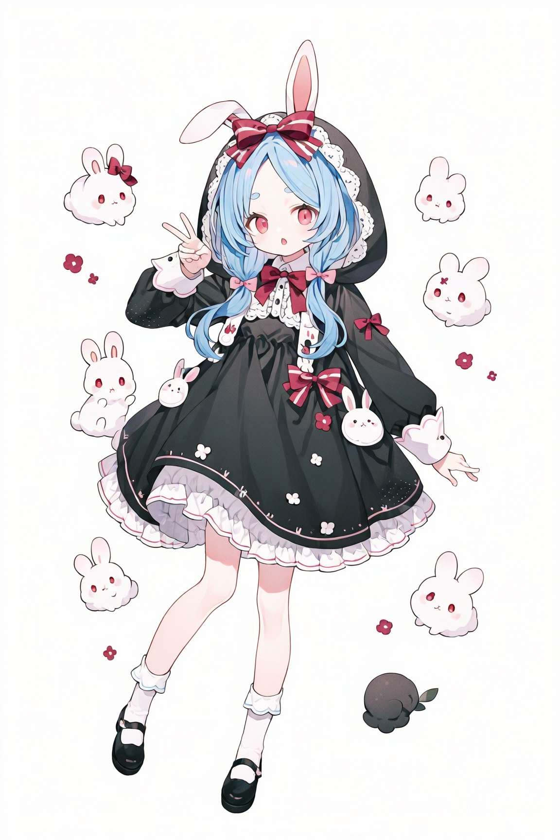1girl, solo, looking at viewer, open mouth, bangs, simple background, red eyes, white background, dress, bow, animal ears, blue hair, standing, full body, hair bow, shoes, socks, striped, hood, pink eyes, black footwear, rabbit ears, black dress, v, standing on one leg, rabbit