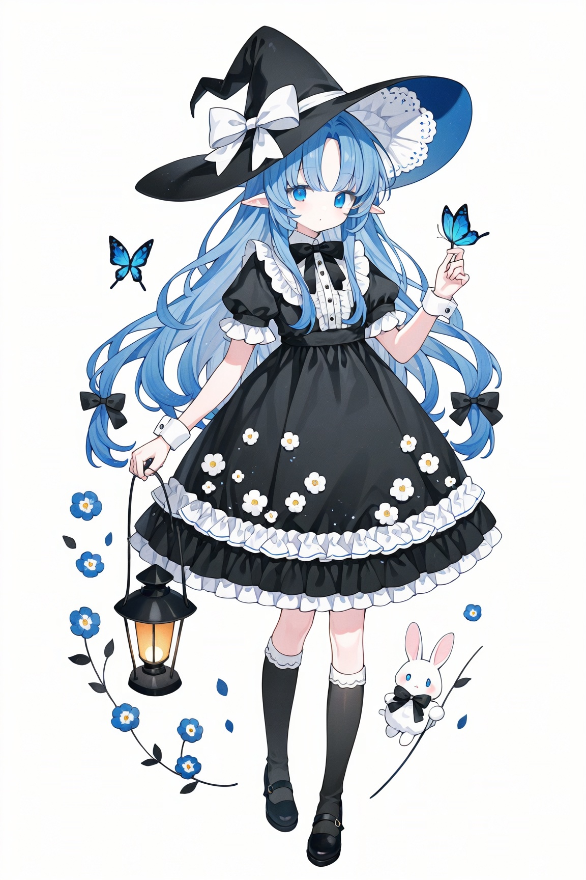 1girl, solo, long hair, looking at viewer, bangs, blue eyes, simple background, hat, white background, dress, bow, holding, blue hair, full body, flower, short sleeves, hair bow, frills, shoes, pointy ears, socks, puffy sleeves, bowtie, black footwear, black dress, kneehighs, black headwear, black bow, witch hat, bug, white bow, hat bow, butterfly, lolita fashion, rabbit, lantern, holding lantern