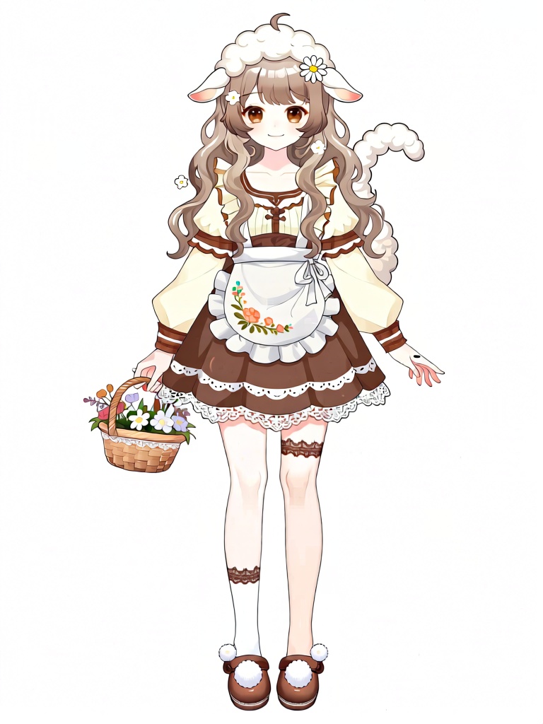 XNXX, A young female-presenting VTuber character with long, curly light brown hair and fluffy white sheep ears wears a cream-and-brown pastoral outfit: a frilled cream top with brown trim, a puffy brown skirt with white lace, and a white apron with floral embroidery. She has soft brown eyes, a gentle smile, and a small white sheep tail. Her one hand holds a wicker basket of flowers, while the other rests gently at her side; she wears white thigh-high stockings with brown lace trim and brown clogs with white pom-poms. A white sheep ear headband with a daisy ornament sits atop her hair, which is decorated with small white flower hair clips.
