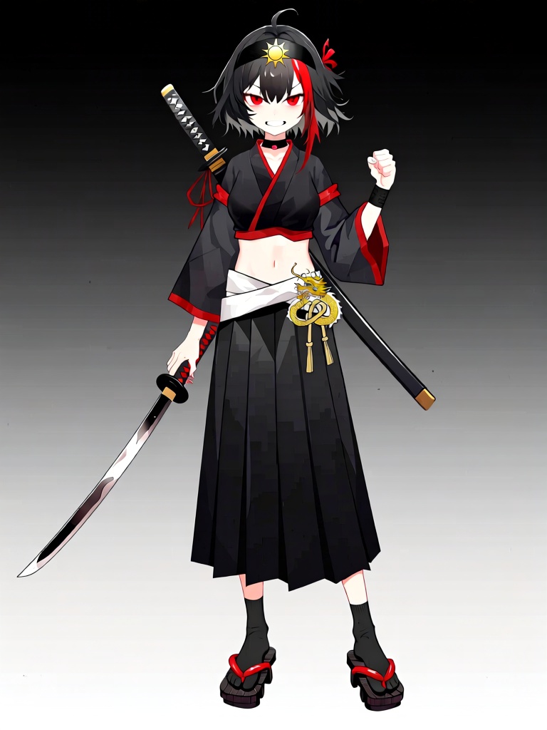 XNXX, A young female-presenting VTuber character with short, messy black hair and a single red streak wears a black-and-red samurai-inspired outfit: a cropped black kimono top with red trim, a black hakama skirt, and a white obi with a golden dragon knot. She has sharp red eyes, a determined smirk, and a katana strapped to her back. Her one hand rests on the hilt of her katana, while the other is clenched into a fist at her side; she wears black tabi socks and black wooden geta sandals with red straps. A black headband with a golden sun ornament sits atop her hair, which is styled with a small red hair ribbon.
