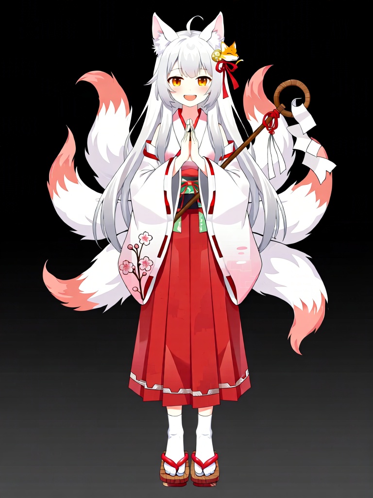 XNXX, A young female-presenting VTuber character with long, flowing white hair and fluffy white fox ears wears a red-and-white shrine maiden outfit: a white kosode with red trim, a red hakama skirt, and a white haori with cherry blossom embroidery. She has amber eyes, a warm smile, and multiple fluffy white fox tails behind her. Her hands are held in a gentle prayer pose; she carries a wooden gohei wand with white paper streamers. She wears white tabi socks and red wooden geta sandals. A red hair ribbon and a small golden fox ornament sit atop her hair, which cascades past her waist with soft silver highlights.
