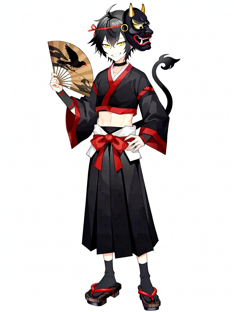 XNXX, A young male-presenting VTuber character with short, spiky black hair and a large black tengu mask pushed up onto his head wears a black-and-red tengu outfit: a cropped black kimono top with red trim, a black hakama skirt, and a white obi with a large red bow. He has sharp golden eyes, a confident smirk, and a small black tengu tail. His one hand holds a wooden fan with a crow pattern, while the other rests on his hip; he wears black tabi socks and black wooden geta sandals with red straps. A black tengu mask with golden accents sits atop his hair, which is styled with a small red hair ribbon.
