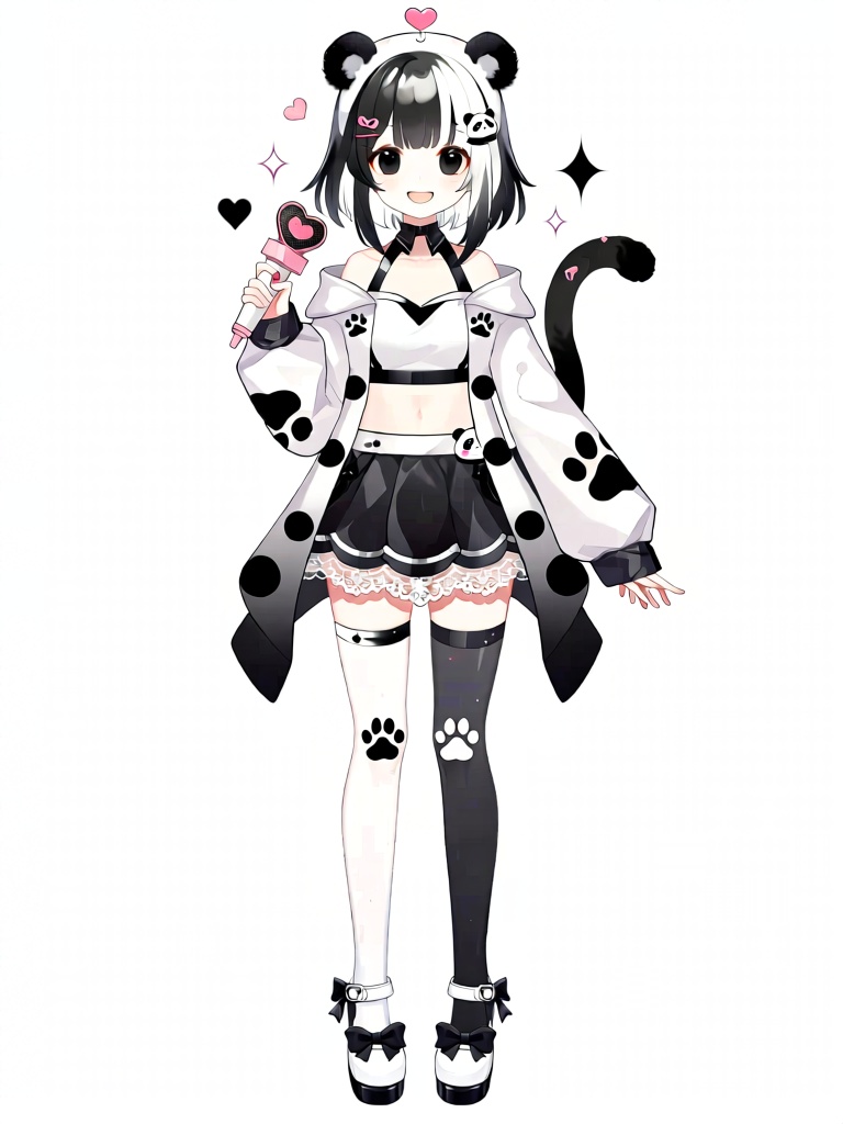 XNXX, A young female-presenting VTuber character with short, straight black hair with white streaks and fluffy black-and-white panda ears wears a black-and-white idol outfit: a cropped white top with black trim, a puffy black skirt with white lace, and a form-fitting white capelet with black panda paw patterns that seamlessly connects to the top’s shoulder seams. She has soft black eyes, a cheerful smile, and a small black panda tail. Her right hand holds a heart-shaped microphone, while her left hand rests gently at her side, with the capelet’s sleeves ending cleanly at her wrists to avoid overlapping with her arms; sparkly hearts float around her. She wears white thigh-high stockings with black panda paw patterns and white platform shoes with black bows. A black-and-white panda ear headband with a pink heart sits atop her hair, which is decorated with small pink heart hair clips. Full-body character standing pose, clean white background, game CG VTuber model style, precise clothing and limb alignment, no overlapping or distorted fabric.
