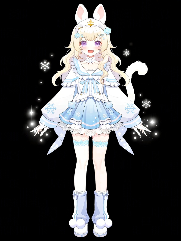 XNXX, A young female-presenting VTuber character with long, curly pale blonde hair and fluffy white rabbit ears wears a pastel magical girl outfit: a frilled white top with light blue trim, a puffy light blue skirt with white lace, and a white capelet with snowflake patterns. She has soft lavender eyes, a cheerful smile, and a small white rabbit tail. Her hands are held out in a gentle spell-casting pose; sparkly snowflakes float around her. She wears white thigh-high stockings with light blue lace trim and white ankle boots with fluffy pom-poms. A white bunny ear headband with a golden star sits atop her hair, which is decorated with light blue floral hair clips.
