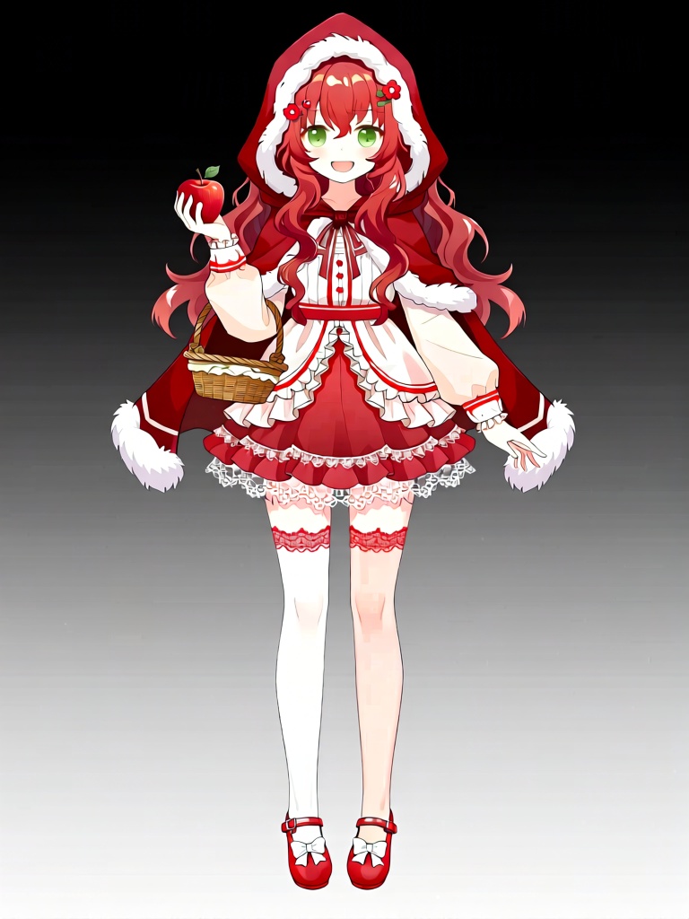 XNXX, A young female-presenting VTuber character with long, curly red hair and a red hooded cloak wears a red-and-white fairy tale outfit: a frilled white top with red trim, a puffy red skirt with white lace, and a red hooded cloak with white fur trim. She has soft green eyes, a cheerful smile, and a small wicker basket on her arm. Her one hand holds a red apple, while the other rests gently at her side; she wears white thigh-high stockings with red lace trim and red Mary Janes with white bows. A red hooded cloak with a white fur trim sits atop her hair, which is decorated with small red flower hair clips.
