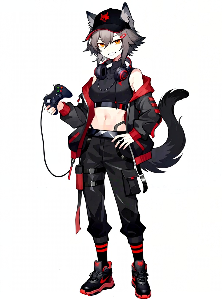 XNXX, A young male-presenting VTuber character with short, messy dark grey hair and sharp wolf ears wears a black-and-red gaming outfit: a cropped black hoodie with red accents, black cargo pants with tool pouches, and a black gaming headset around his neck. He has sharp amber eyes, a confident smirk, and a small black wolf tail. His one hand holds a gaming controller, while the other rests on his hip; he wears black thigh-high socks with red stripes and black gaming sneakers with red accents. A black baseball cap with a red wolf logo sits atop his hair, which is styled with a small red hair clip.
