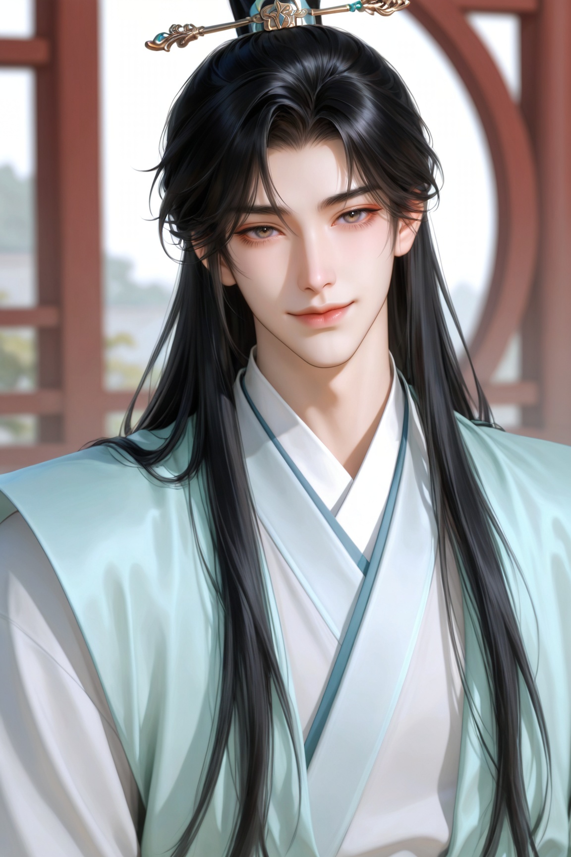 NIJI-V7,solo, long hair, looking at viewer, smile, black hair, hair ornament, 1boy, closed mouth, upper body, male focus, blurry, blurry background, chinese clothes, hair stick, hanfu