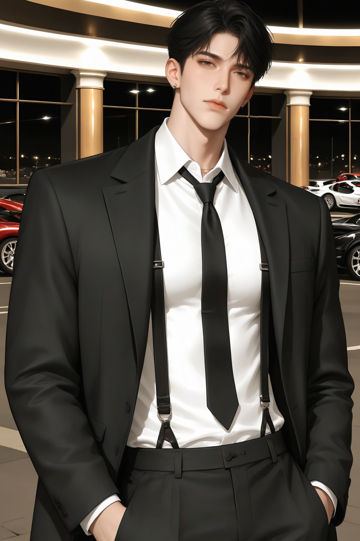 NIJI-V7,solo, looking at viewer, short hair, shirt, black hair, 1boy, jewelry, closed mouth, jacket, white shirt, male focus, collared shirt, pants, necklace, black pants, formal, suspenders, suit, pectorals, ground vehicle, motor vehicle, hands in pockets, car