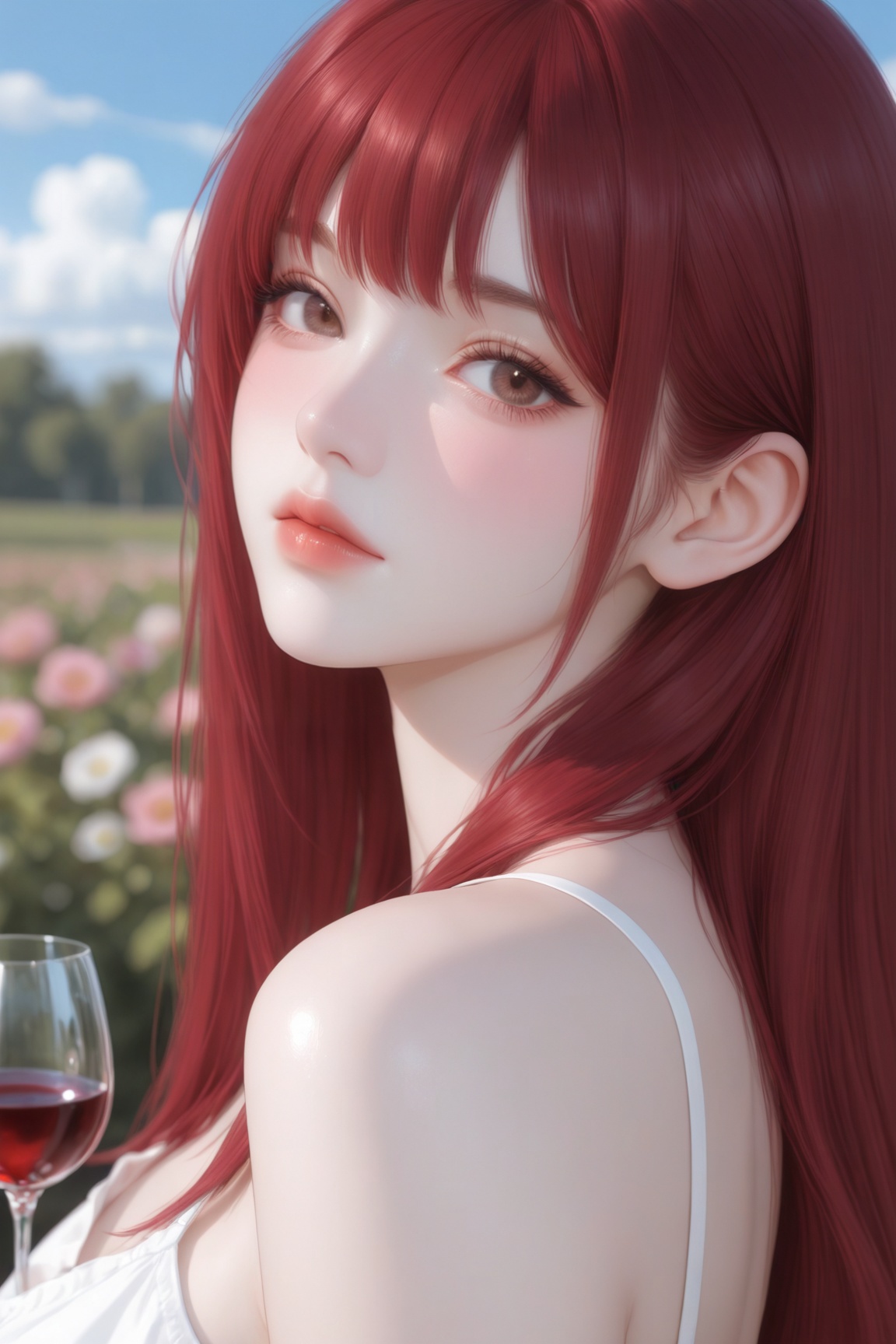 NIJI-V7,This is an niji-anime-style image,

masterpiece, best quality, highres, absurdres, Newest, aesthetic, better quality, 4k8k,
Blur the background, masterpiece, high definition, detailed eyes, realistic facial, semi-realism, good shading,

1 woman, long hair, red wine hair color, brown eyes, white skin, gentle vibe

background: garden, morning, blue sky, sunny, cloudy 