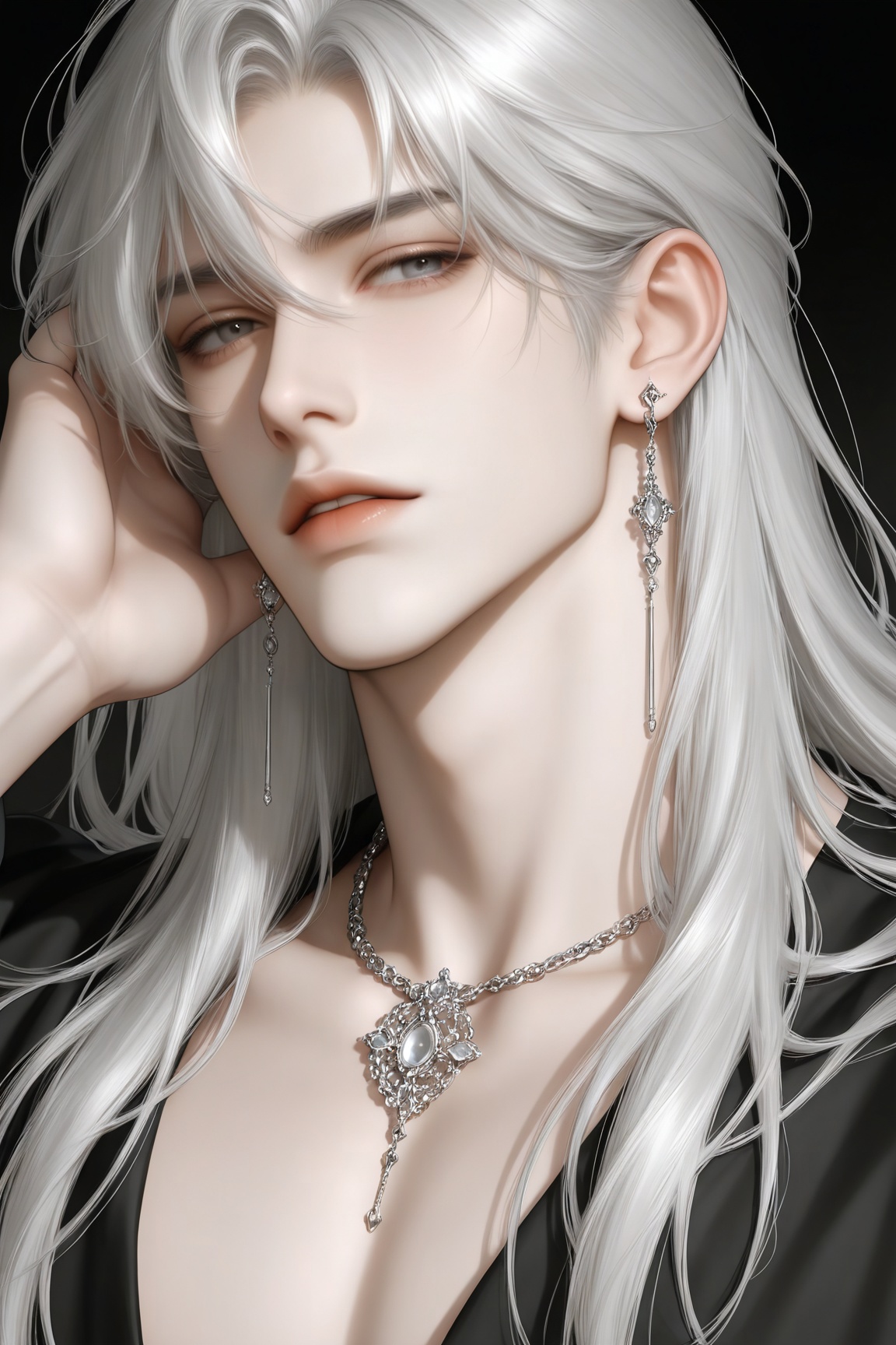 NIJI-V7,solo, long hair, looking at viewer, 1boy, jewelry, upper body, grey hair, male focus, earrings, parted lips, grey eyes, hand in own hair, realistic