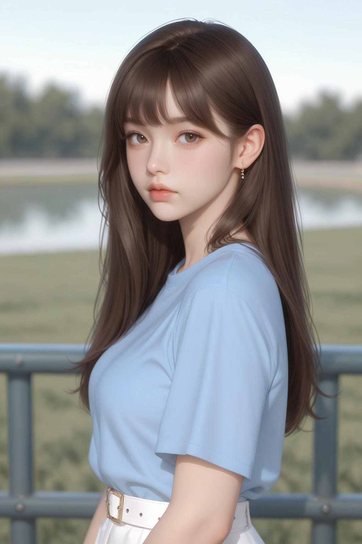 NIJI-V7,1girl, solo, long hair, looking at viewer, brown hair, shirt, brown eyes, jewelry, closed mouth, upper body, short sleeves, earrings, outdoors, day, belt, blurry, from side, lips, blurry background, blue shirt, realistic
