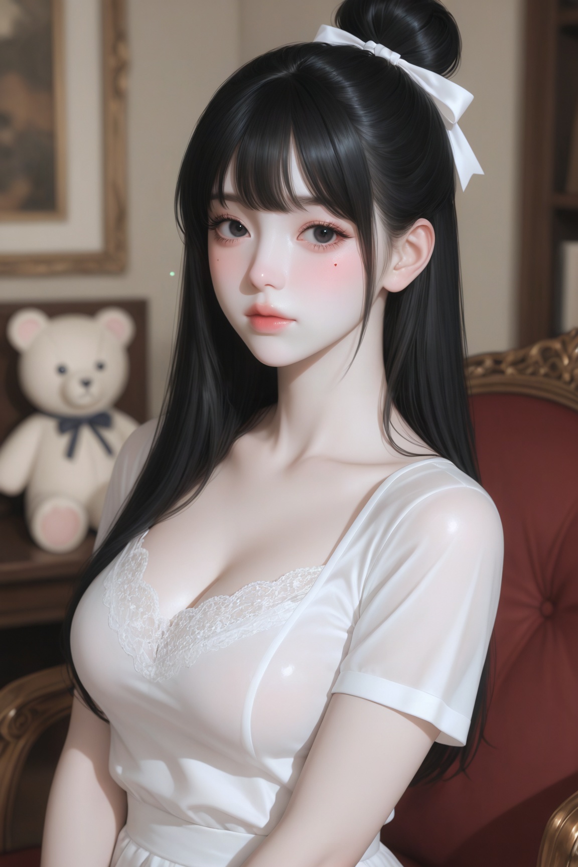 NIJI-V7,NIJI-V7,This is an niji-anime-style image,

masterpiece, best quality, highres, absurdres, Newest, aesthetic, better quality, 4k8k,
Blur the background, masterpiece, high definition, detailed eyes, realistic facial, semi-realism, good shading,

1girl, solo,
gentle, quiet, innocent aura, soft and delicate feeling,
petite, slim body, delicate fragile frame,
pale bright white skin, smooth glass skin, soft glow,
long jet black hair, silky hair, glossy hair, glass hair,
thin straight bangs, see-through bangs,
hair in high bun, dango hairstyle,
neat and tidy bun, soft loose strands,
single white bow hair accessory,
black eyes, dark eyes, large round eyes, soft sweet gaze,
thick long eyelashes,
small delicate face, soft doll face, bishoujo, gentle cheeks,
asymmetrical facial details,
soft makeup, natural makeup, light makeup,
soft pink blush, light pink lips,
mole (very important),
small mole directly under right eye:1.8,
single mole under right lower eyelid:1.8,
small mole on left cheek center aligned with nose tip:1.8,
single mole on mid left cheek:1.8,
cute modest outfit,
white blouse,
high neckline,
short sleeves,
clean and elegant design,
soft feminine style,
indoors, chair, calm atmosphere,
stuffed toy, soft props, heart motif, headphones,
semi-realistic, semi-realism, painterly illustration,
realistic facial features,
soft lighting, perfect lighting, smooth shadows,
blurred background, bokeh,
masterpiece, high definition, better quality, 4k, 8k,
extra detail, good shading, sim face