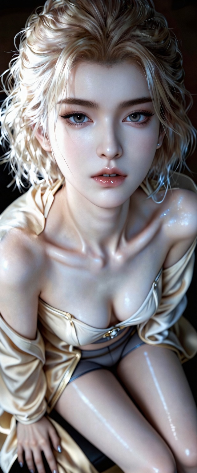 高冷御姐,意境,氛围,精致的五官,明亮的眼睛,高冷美女,晶莹剔透的嘴唇,淡金色短发,凌乱卷发,蛋卷头,修长的手指,高冷,意识流,美女御姐,冷白皮肤,黑灰色瞳孔,锁骨,轻薄的宽松淡金色丝绸外套有垂坠感,超薄烟灰色吊带袜采用高角度视角,光线从侧上方照射,营造出朦胧、闪耀的氛围,高品质,画质清晰,高清,4K,glossy_pantyhose,FFSZ