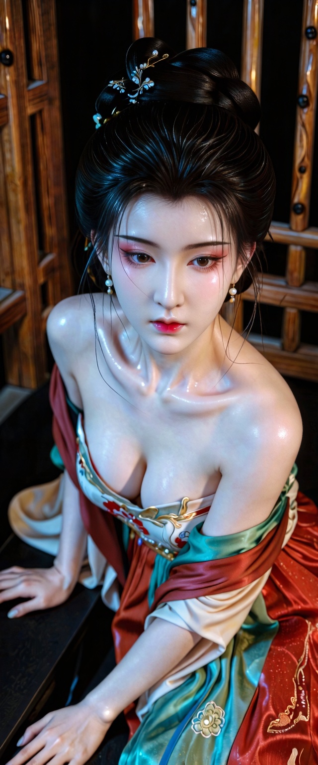 photography masterpiece,CanonEOSR5,RF85mm F1.2 L USM, best quality,guofeng,Ancient Chinese beauty,beautiful girl,solo,pitifully delicate,Tsundere,exquisite beautiful face,beautiful eyes,(whiten the skin),skin details(Porcelain like smooth, flawless and translucent skin),exquisite hairstyle,exotic makeup,eyeliner,rosy lips,huge breasts,hanfu,strapless,low-cut,silks and satins,visually pleasing,traditional Chinese imagery,masterful framing,aesthetic,dynamic angle,dramatic perspective, perfect composition,elegant and natural movements,ambient light,supplementary lighting, Fine Details,perfect shooting angle,Indoor environment, wooden structure,