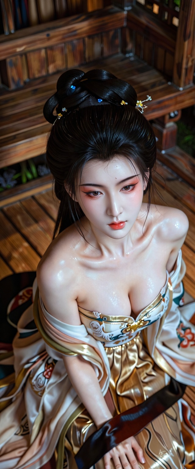 photography masterpiece,CanonEOSR5,RF85mm F1.2 L USM, best quality,guofeng,Ancient Chinese beauty,beautiful girl,solo,pitifully delicate,Tsundere,exquisite beautiful face,beautiful eyes,(whiten the skin),skin details(Porcelain like smooth, flawless and translucent skin),exquisite hairstyle,exotic makeup,eyeliner,rosy lips,huge breasts,hanfu,strapless,low-cut,silks and satins,visually pleasing,traditional Chinese imagery,masterful framing,aesthetic,dynamic angle,dramatic perspective, perfect composition,elegant and natural movements,ambient light,supplementary lighting, Fine Details,perfect shooting angle,Indoor environment, wooden structure,